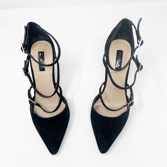 Topshop Triple Buckle Strap Pointed Toe Suede Black Heels 38 (7) - Picture 4 of 8